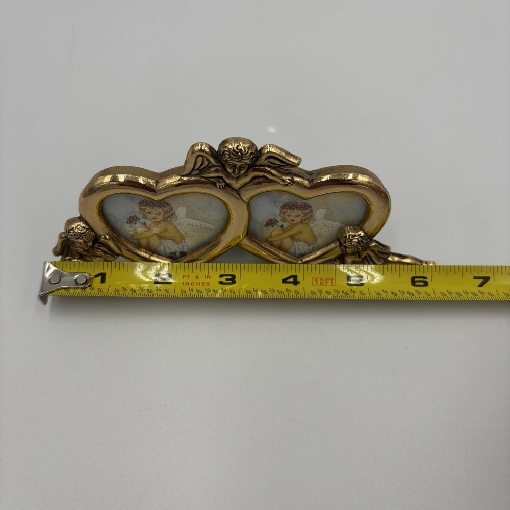 Vintage Brass Angels Trio Twin Heart Picture Frame Cherub Photo Holder Barouque - Picture 11 of 13